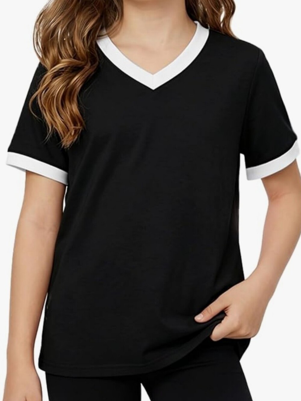 Kids Size 7/8 Black V-Neck Contrast Trim Top
